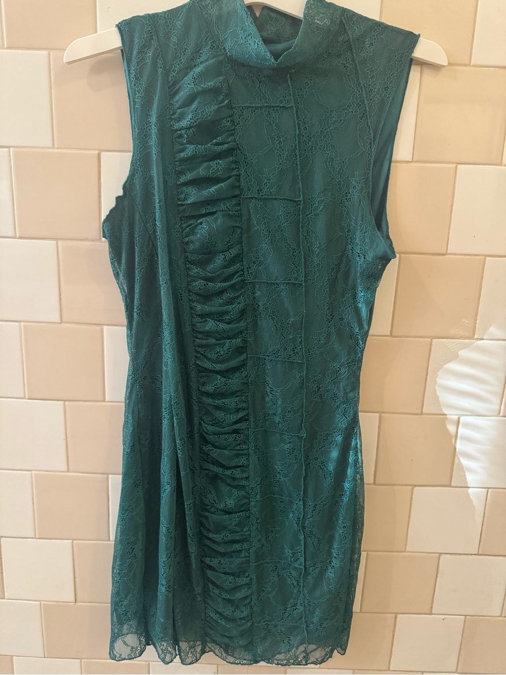 Urban Outfitters Teal Lace Ruched Mock-Neck Mini Dress